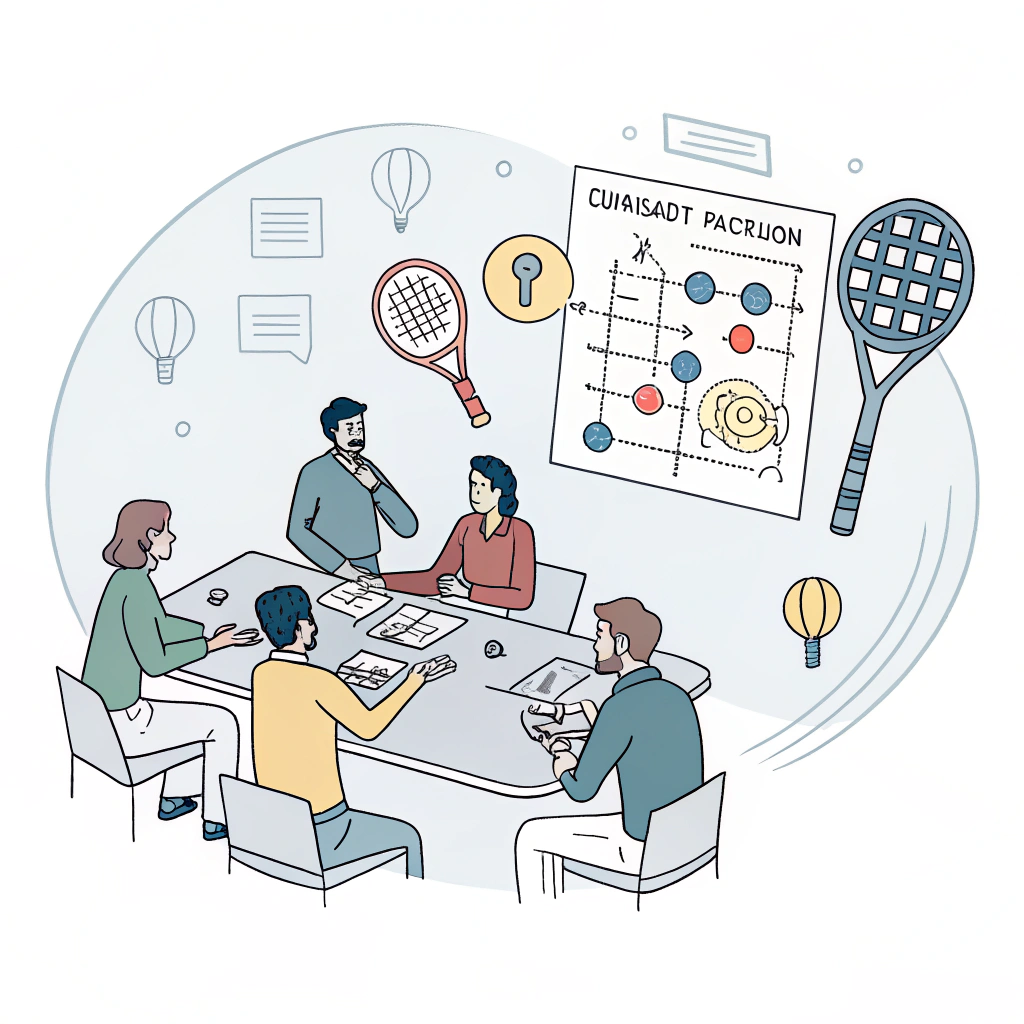 Minimalist illustration of a meeting focused on padel racket performance and production insights.