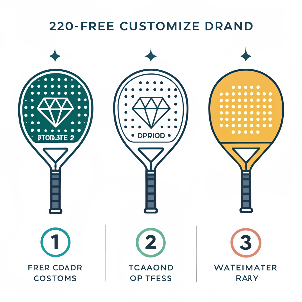 Flat style illustration highlighting diverse padel racket shapes and customization features