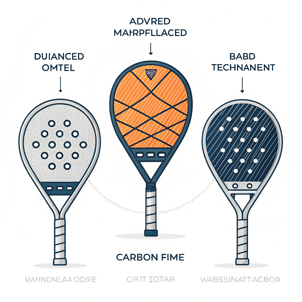 Minimalist 2D illustration of innovative carbon fiber padel rackets with geometric shapes.