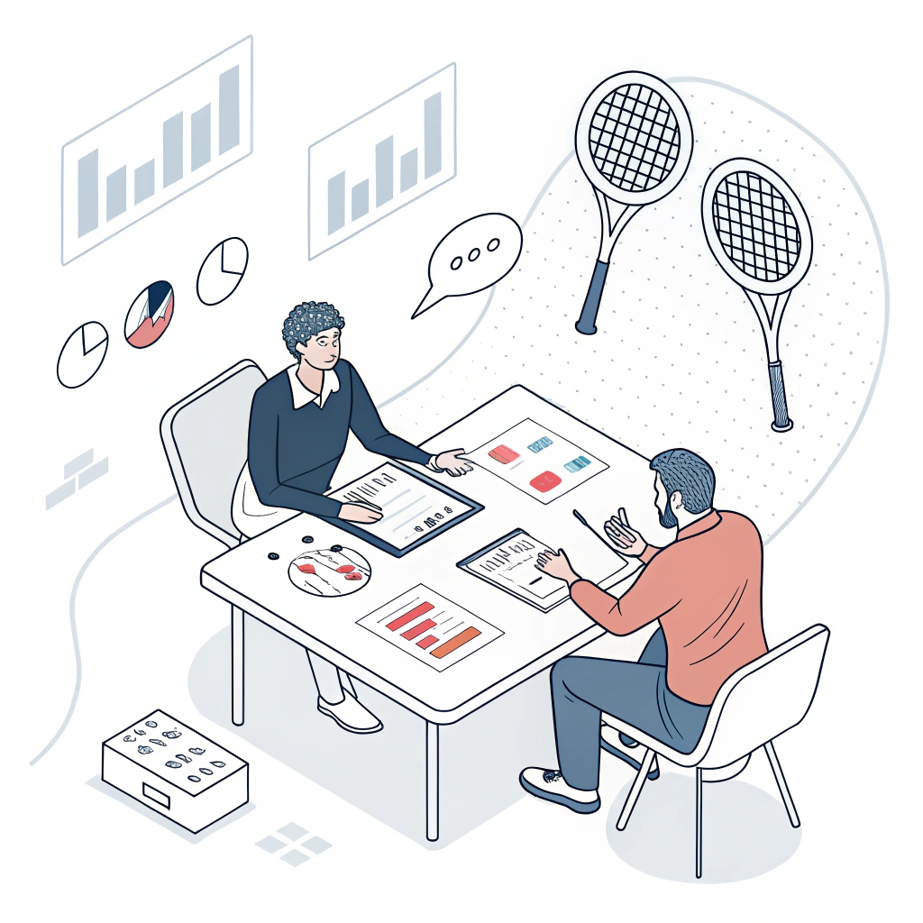 Minimal 2D illustration of a business meeting evaluating padel racket performance and strategies