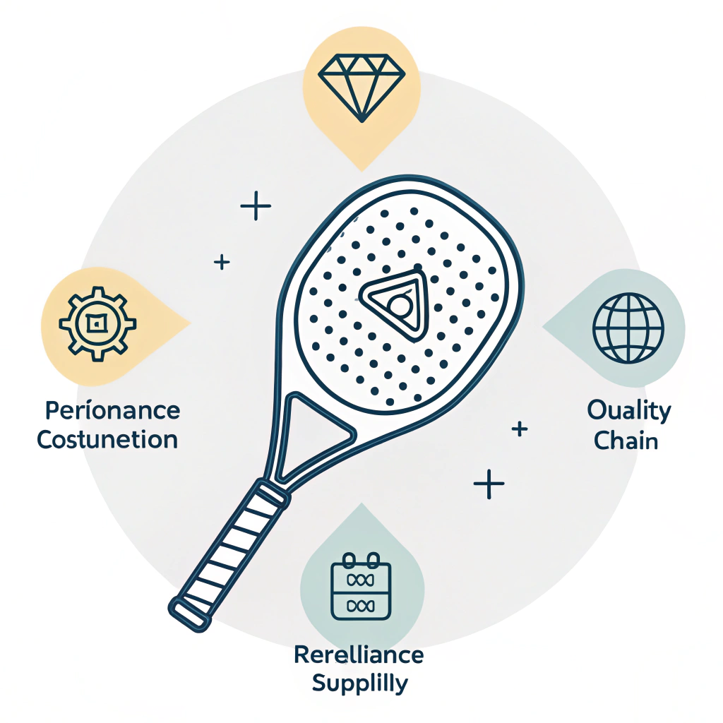 Minimal illustration showing padel racket with geometric icons of performance and quality.