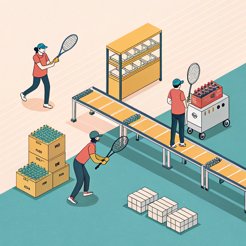 "Flat illustration of a padel racket manufacturing process with simplified factory and assembly elements."