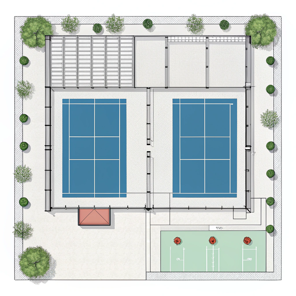 "Minimalist 2D illustration of a modern padel court blueprint with technical design elements"