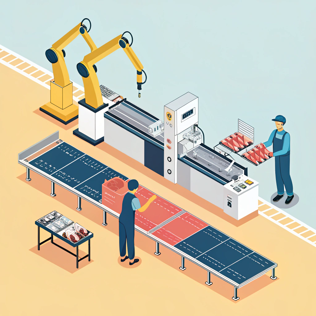 Simplified vector illustration of a padel racket production line with quality control emphasis.
