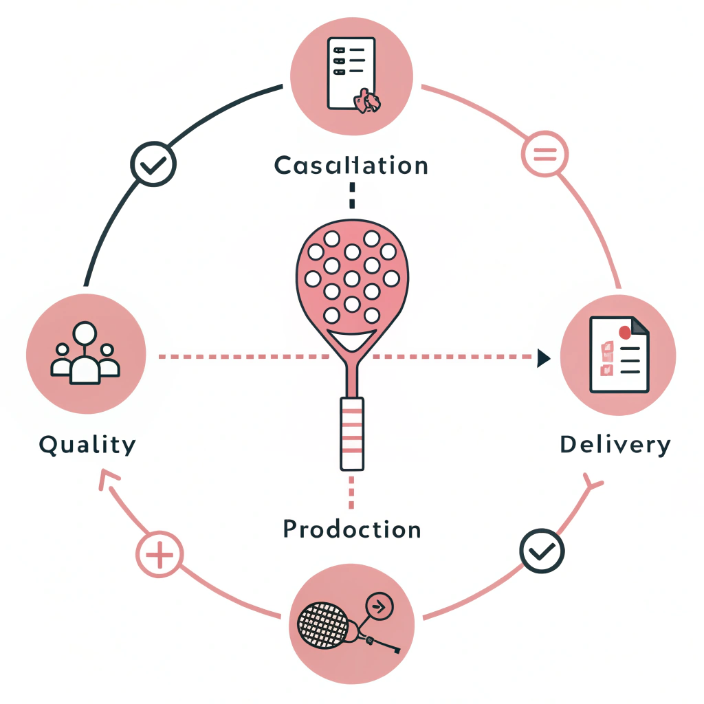 Simplified flowchart illustration of padel racket customization steps in a minimalist style