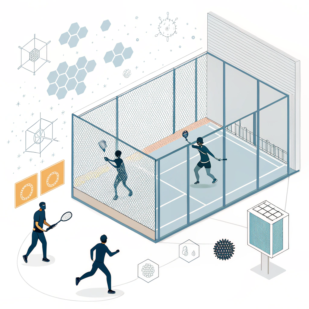 Minimal 2D padel court with dynamic players and technical design elements