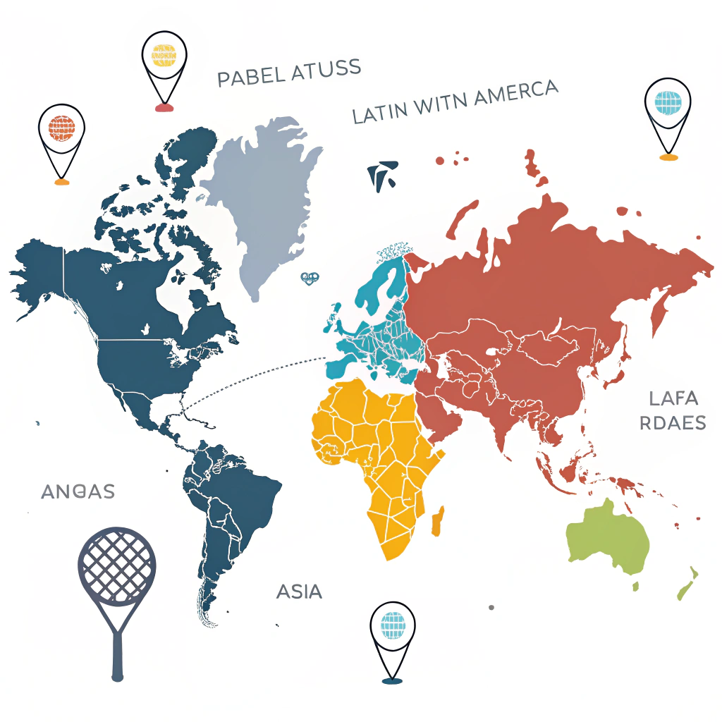 Minimalist world map showing rising padel club formations in key regions
