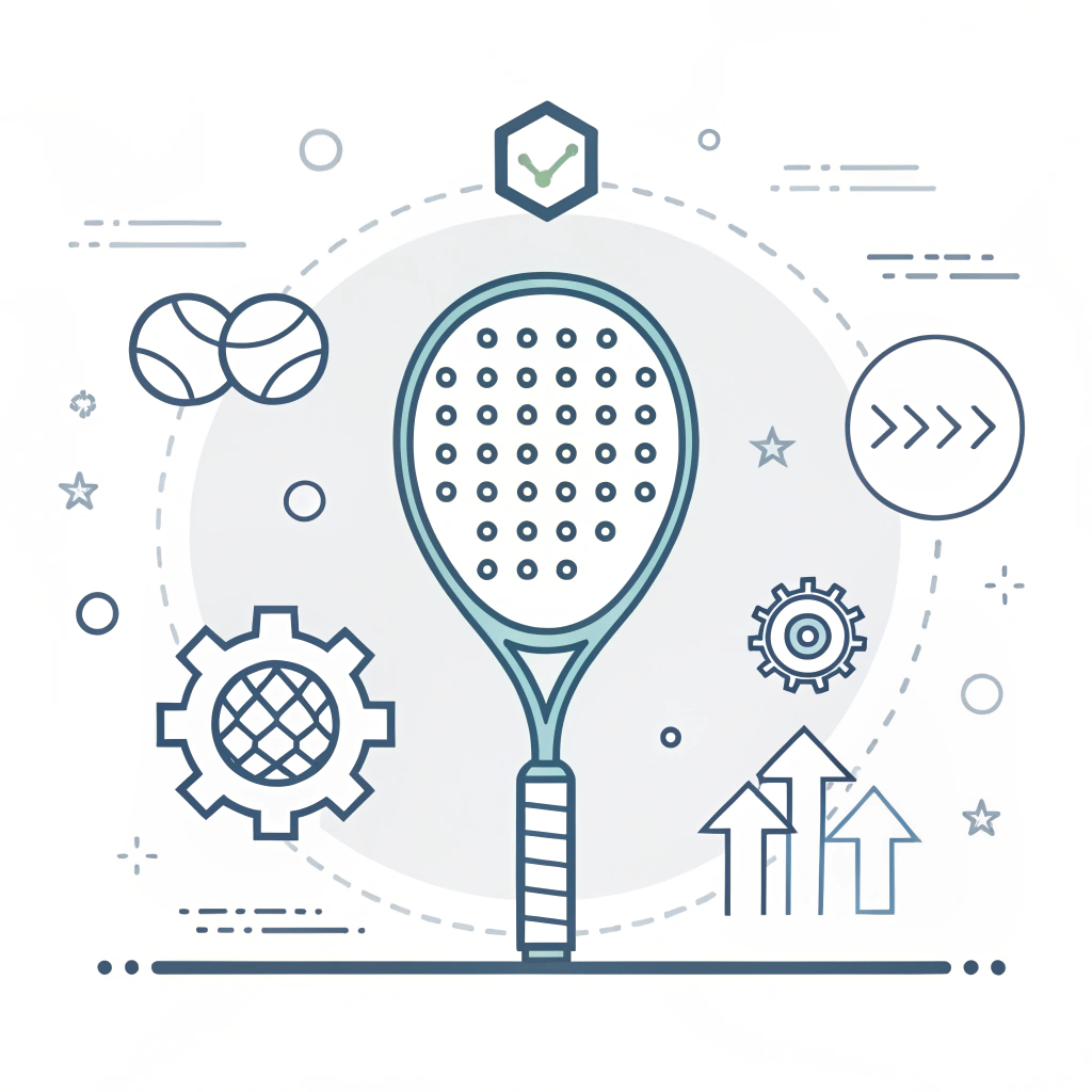 A minimalist 2D illustration of a stylized padel racket with abstract production and customization symbols.