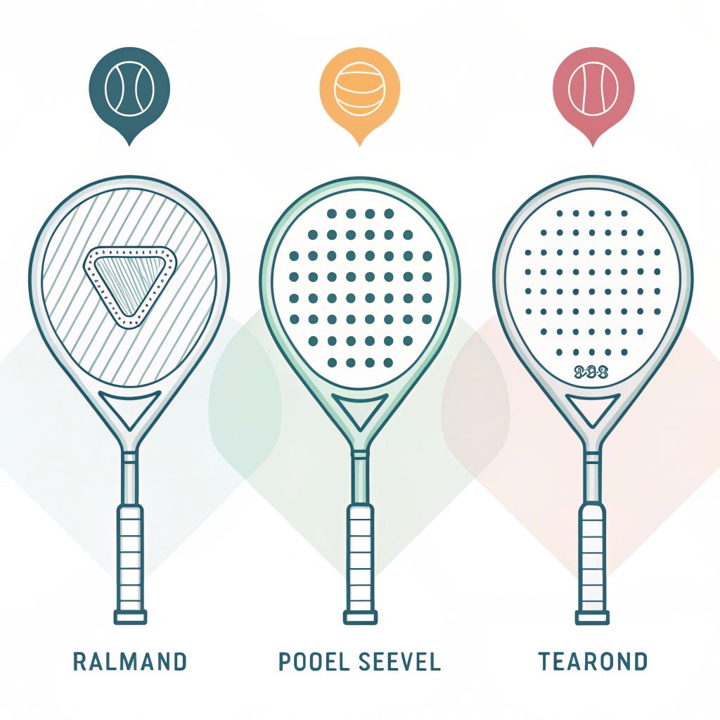 "Minimalist 2D illustration of diamond, round and teardrop padel rackets."