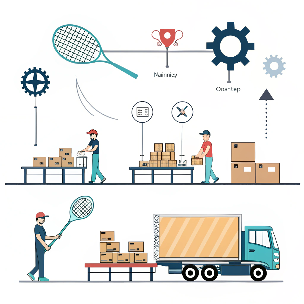 Minimal 2D illustration of padel production line and efficient logistics