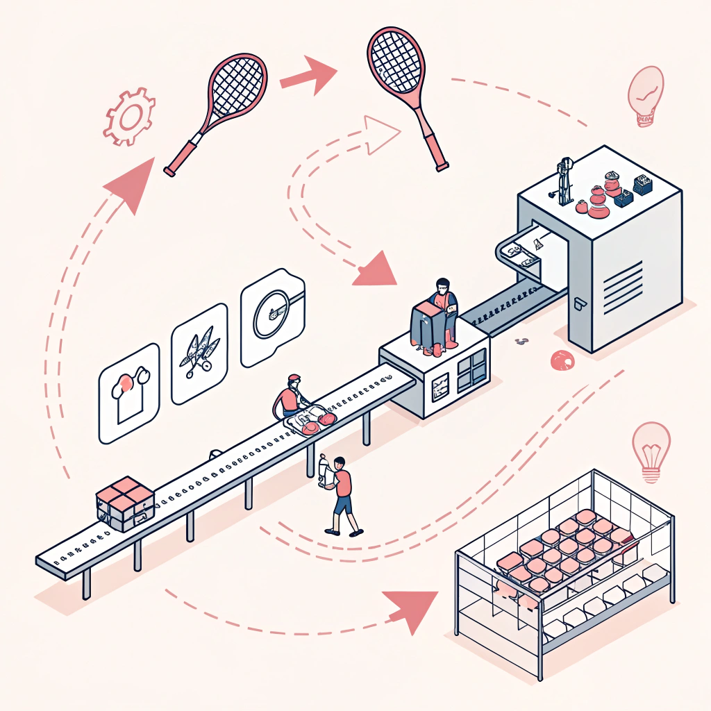 "Minimalist flat design illustrating a dynamic and efficient padel paddle production process."