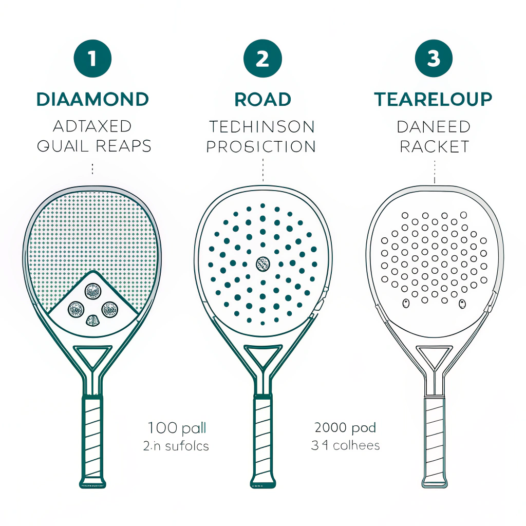 Minimal illustration featuring three distinct padel racket shapes in a sleek, customizable design.