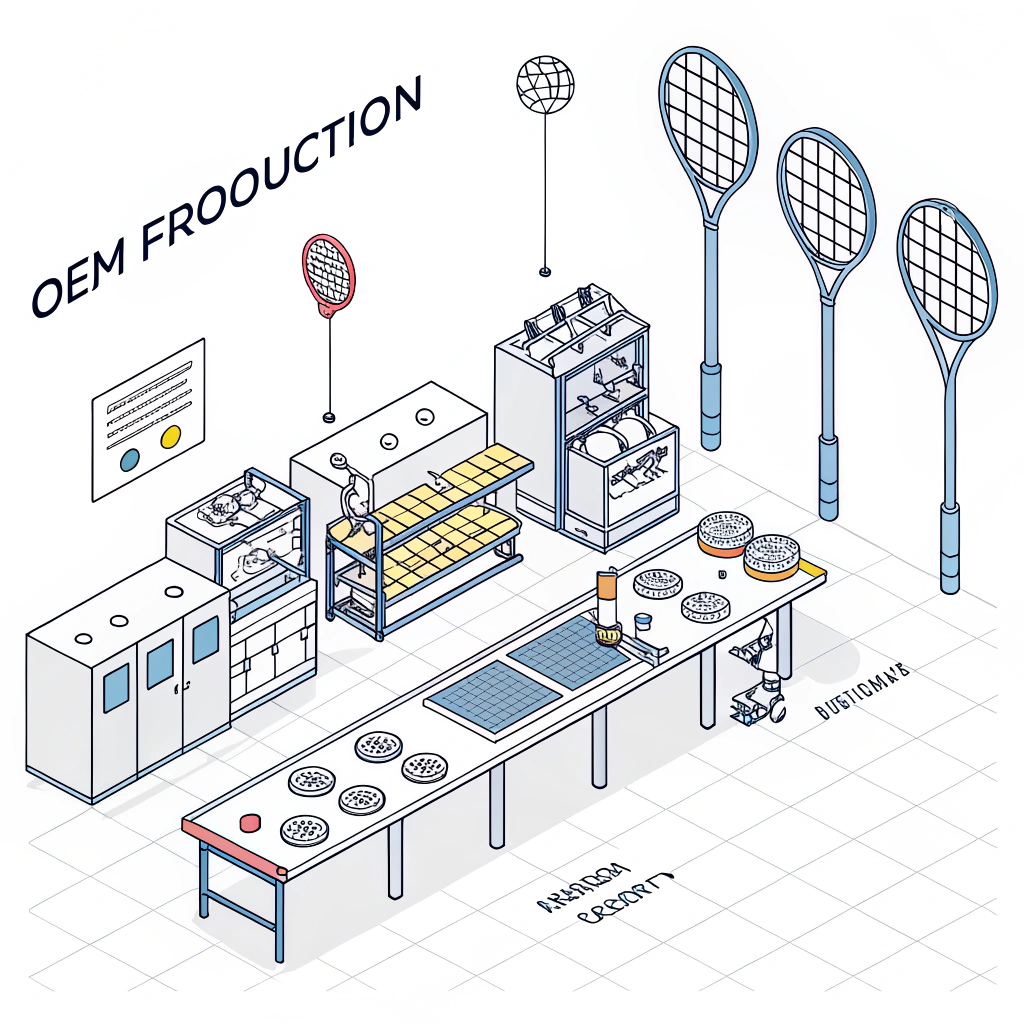 Minimalist illustration of an advanced OEM padel racket production line
