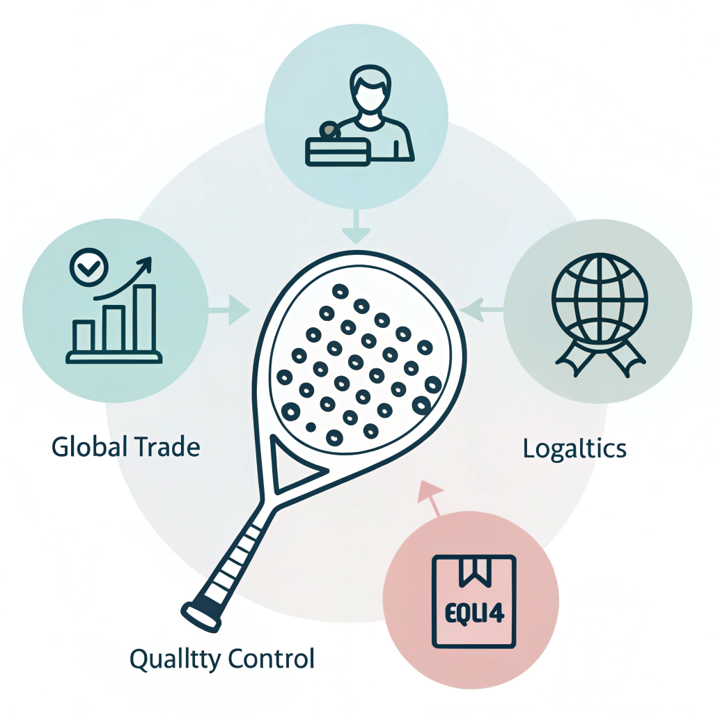 Minimalistic 2D depiction of padel racket import challenges with simple trade icons