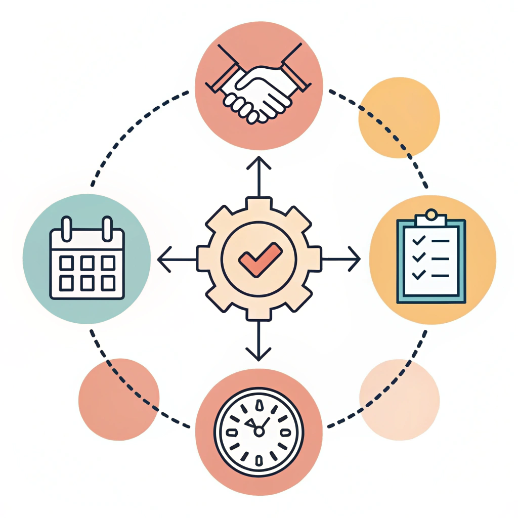 Simple 2D illustration of icons symbolizing evaluation and partnership in manufacturing.