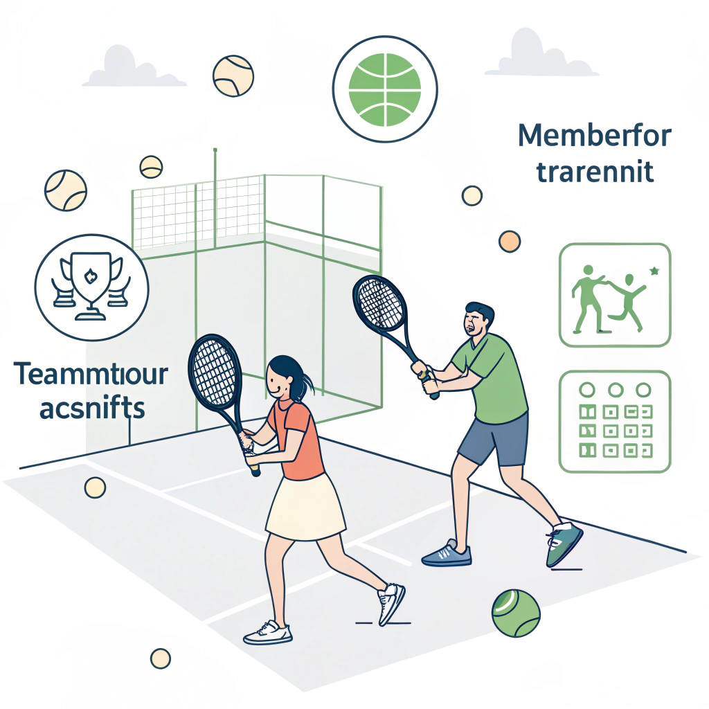Minimal 2D illustration of happy padel club members and effective rental membership benefits