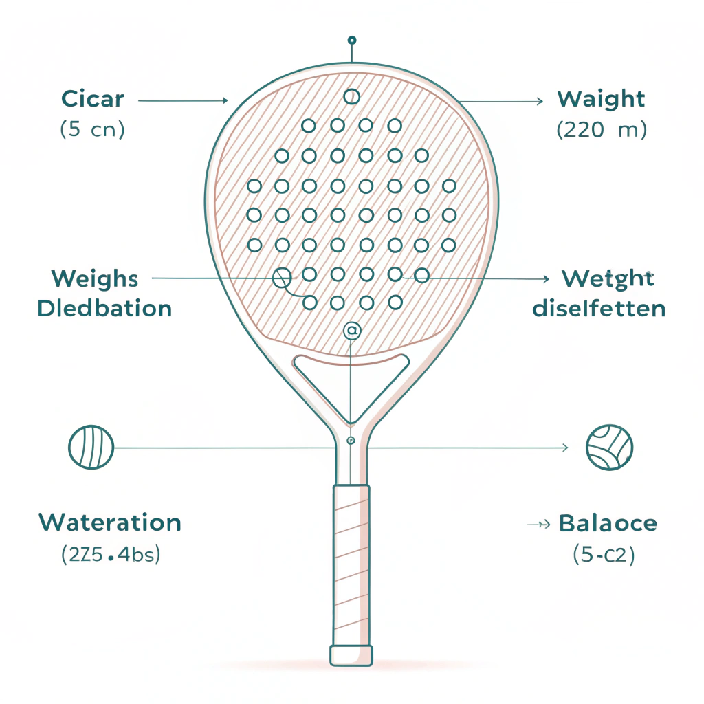 A simple 2D illustration of a padel racket highlighting its technical features.