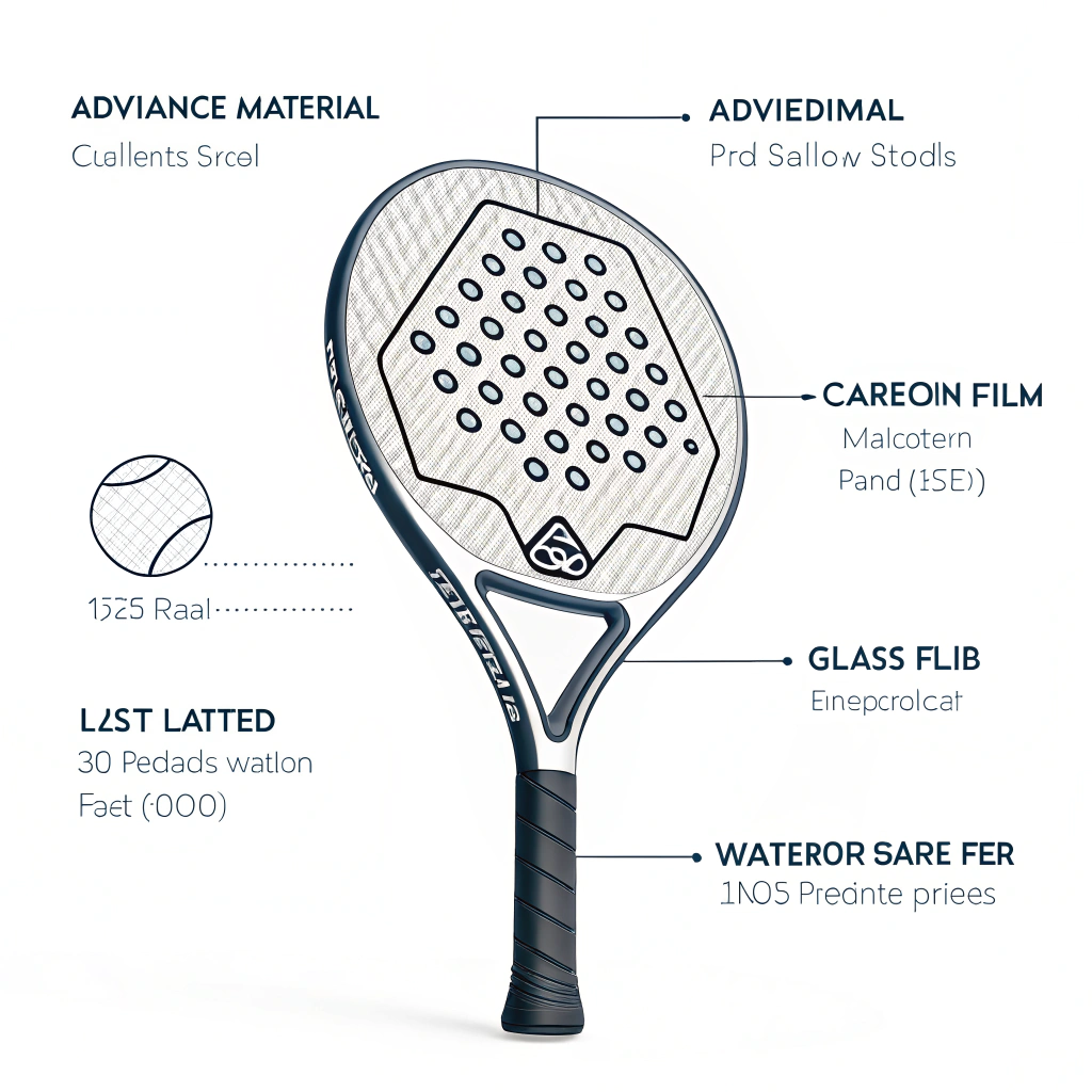 Minimal illustration highlighting a padel racket with carbon fiber and glass fiber textures.