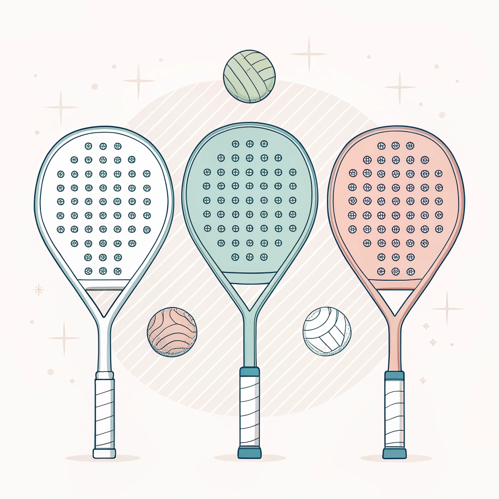 Minimal illustration showcasing diamond, round, and teardrop padel rackets in a simple design
