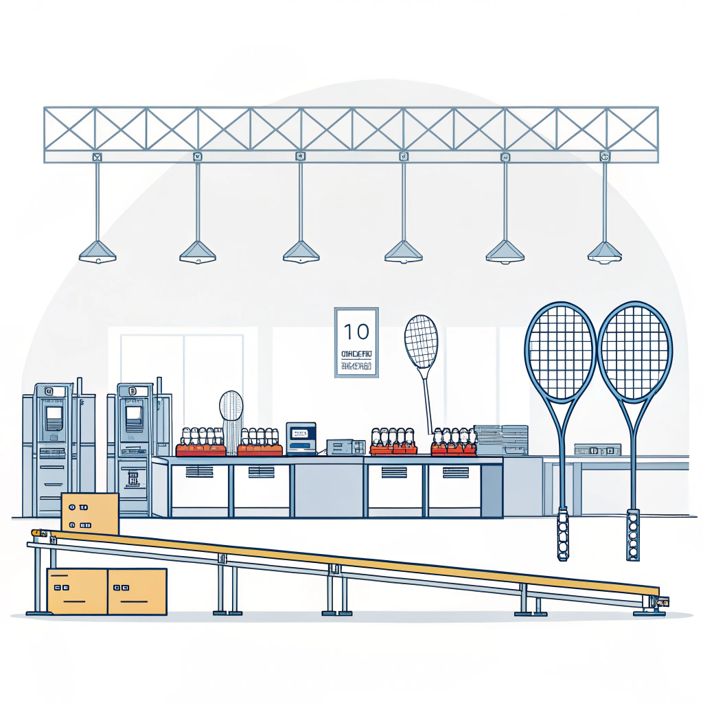 Minimal flat illustration of a modern padel racket factory interior with production machines and quality inspection