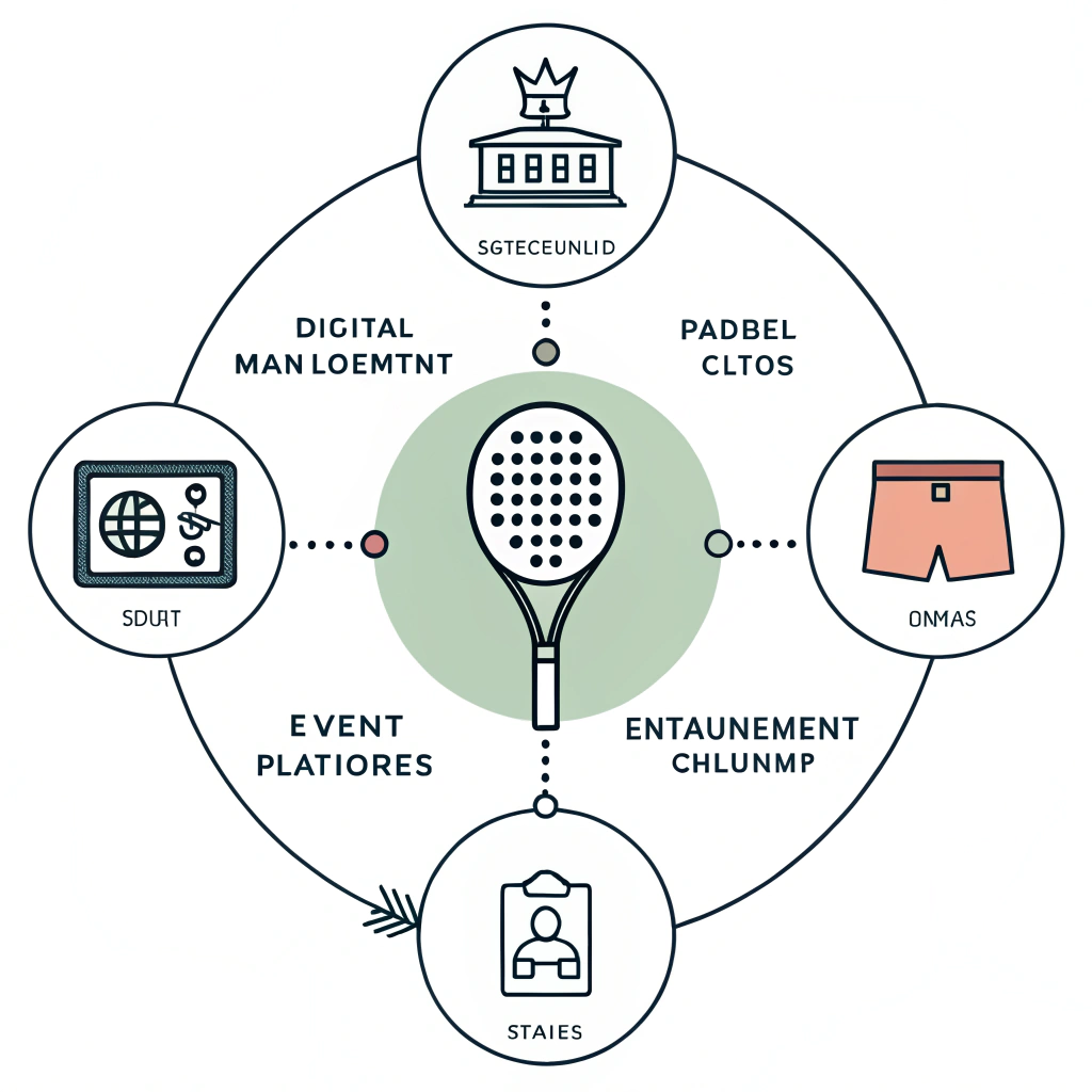 Minimalist 2D illustration of interconnected icons representing padel club add-on services.