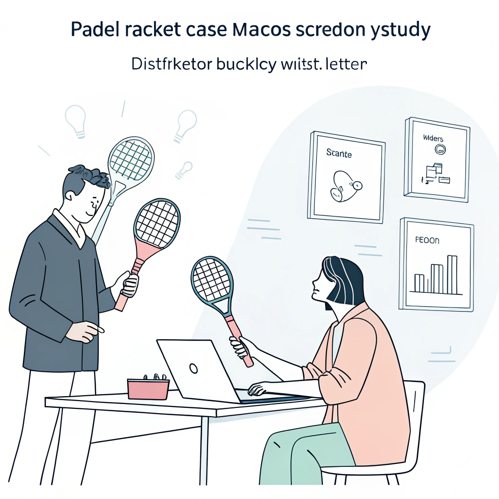 Minimal illustration of a distributor reviewing padel racket samples in a case study setting