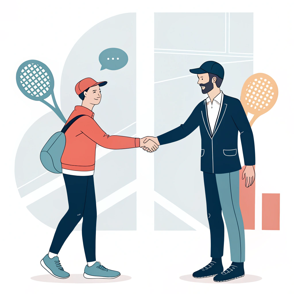 2d minimalist illustration of a handshake symbolizing a strong business partnership in padel manufacturing