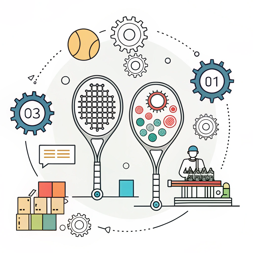 Minimalistic illustration of OEM padel manufacturing with rackets and production elements