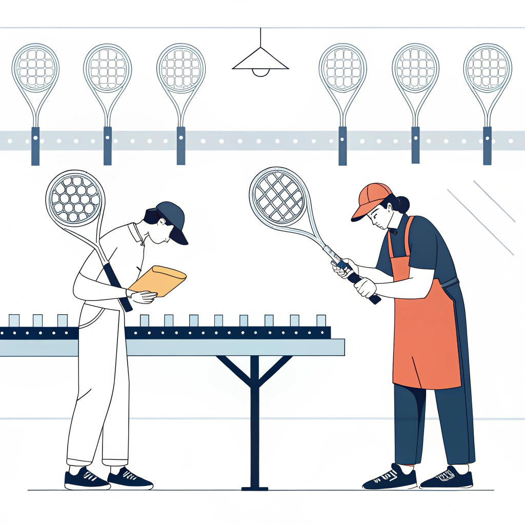 Minimalist illustration of a technician performing quality control on padel rackets