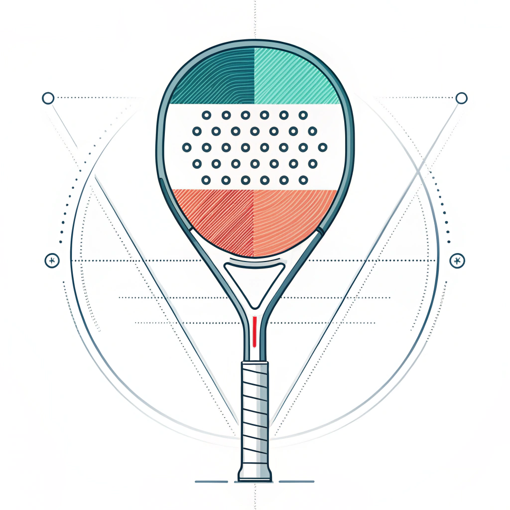 Minimalist flat illustration of a teardrop padel racket with refined technical design elements.