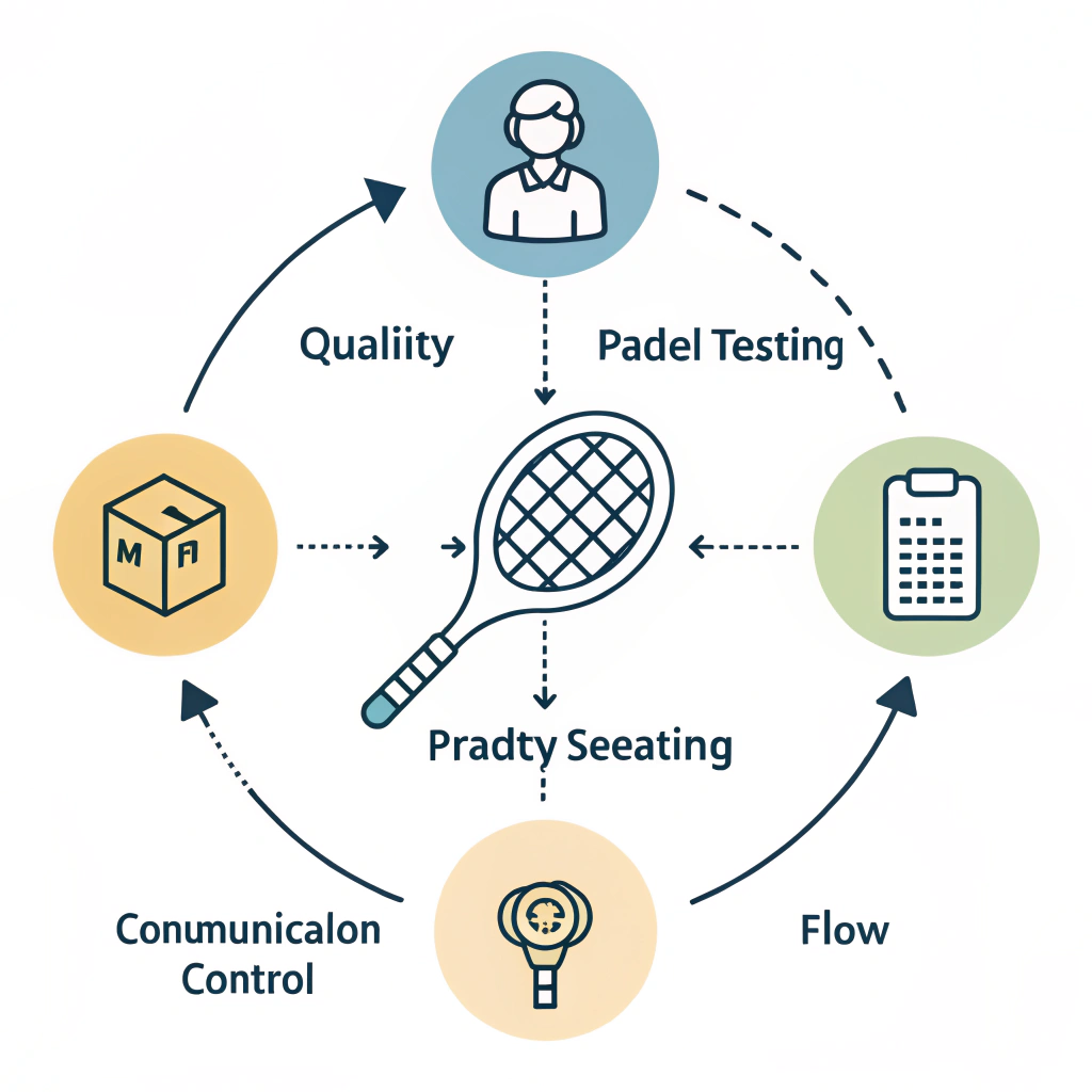 "Flat design illustration of interconnected solution strategy for padel racket production."