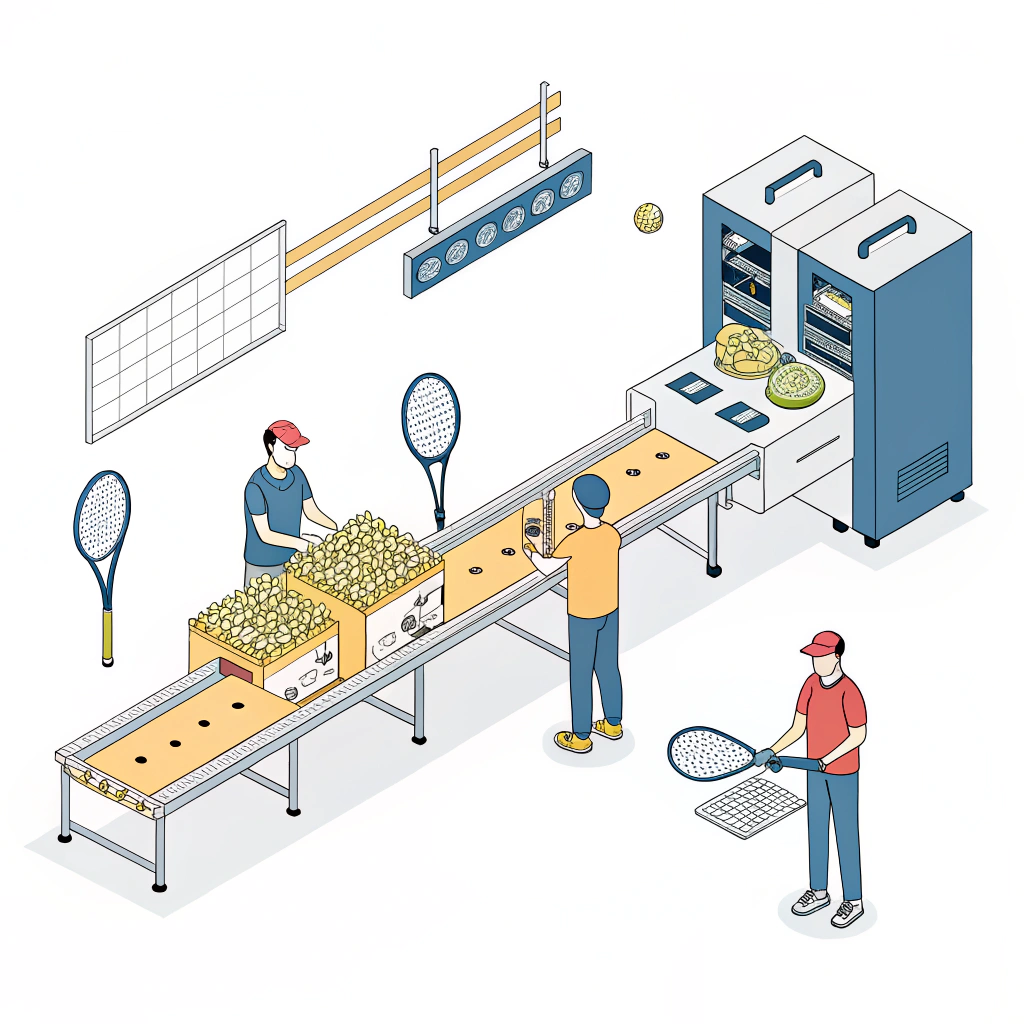Minimalist illustration of a production line with focused quality control for padel rackets.