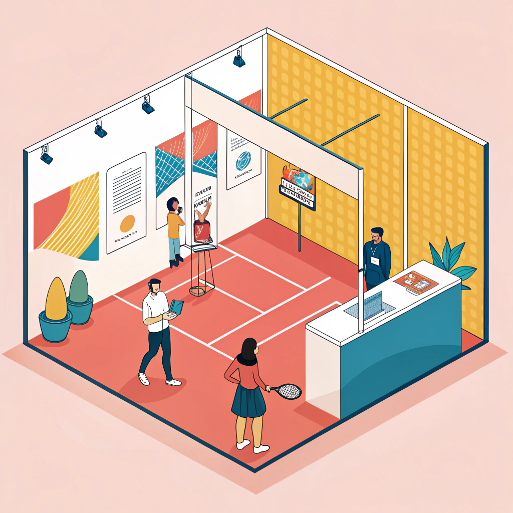 Minimalist illustration of an interactive pop up booth for padel trade shows