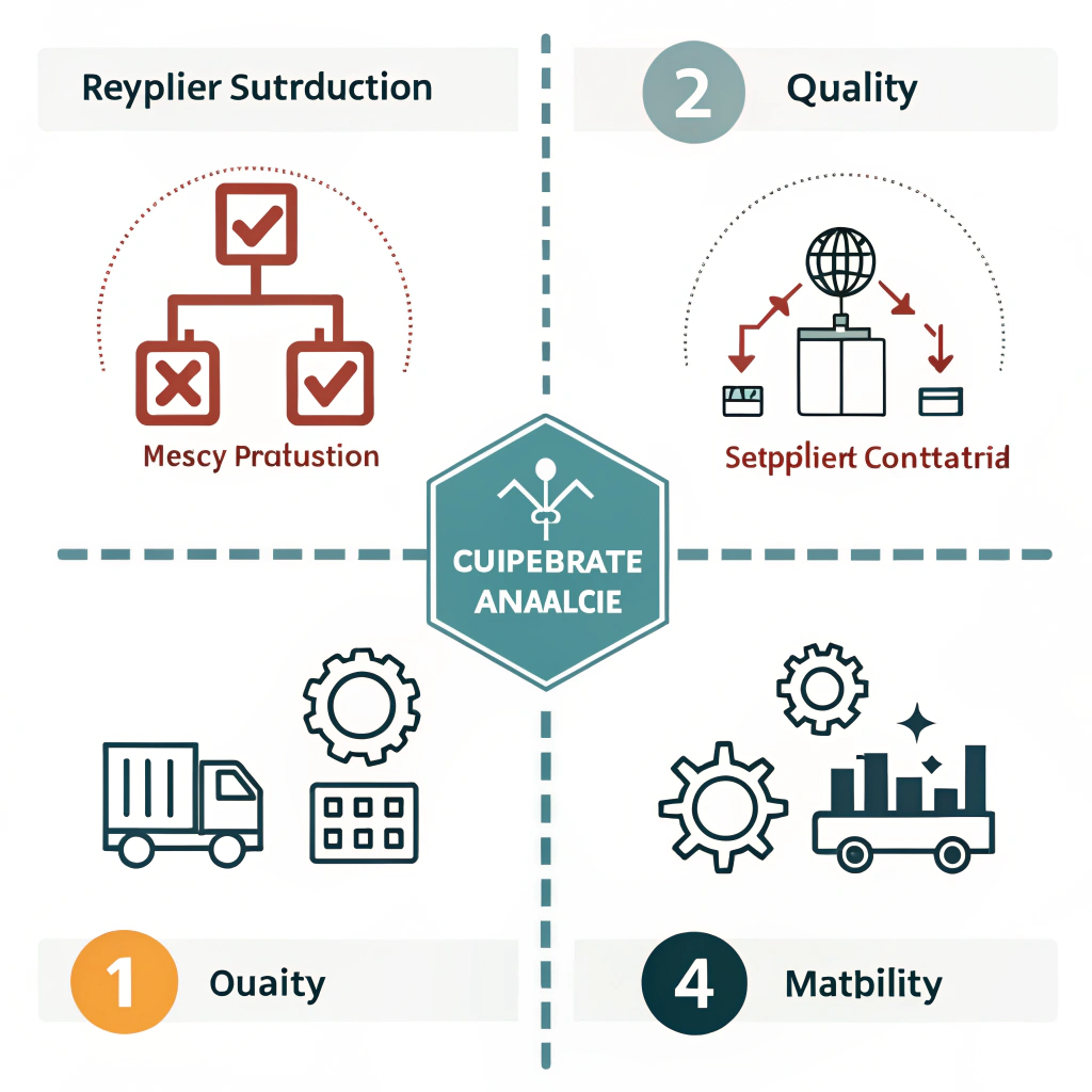 Flat, abstract infographic illustrating supplier evaluation criteria with geometric icons.