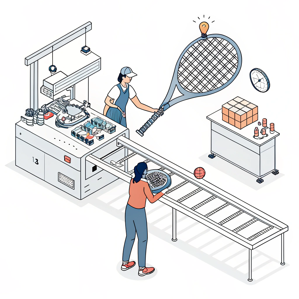 Minimalist depiction of padel racket production with advanced material elements.