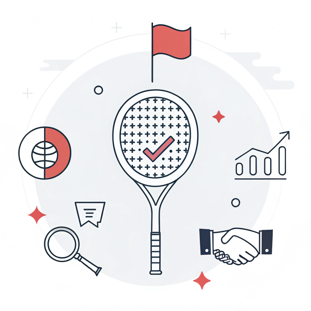 Clean 2D illustration showing a padel racket with red flags and magnifying glass symbolizing supplier risk evaluation.
