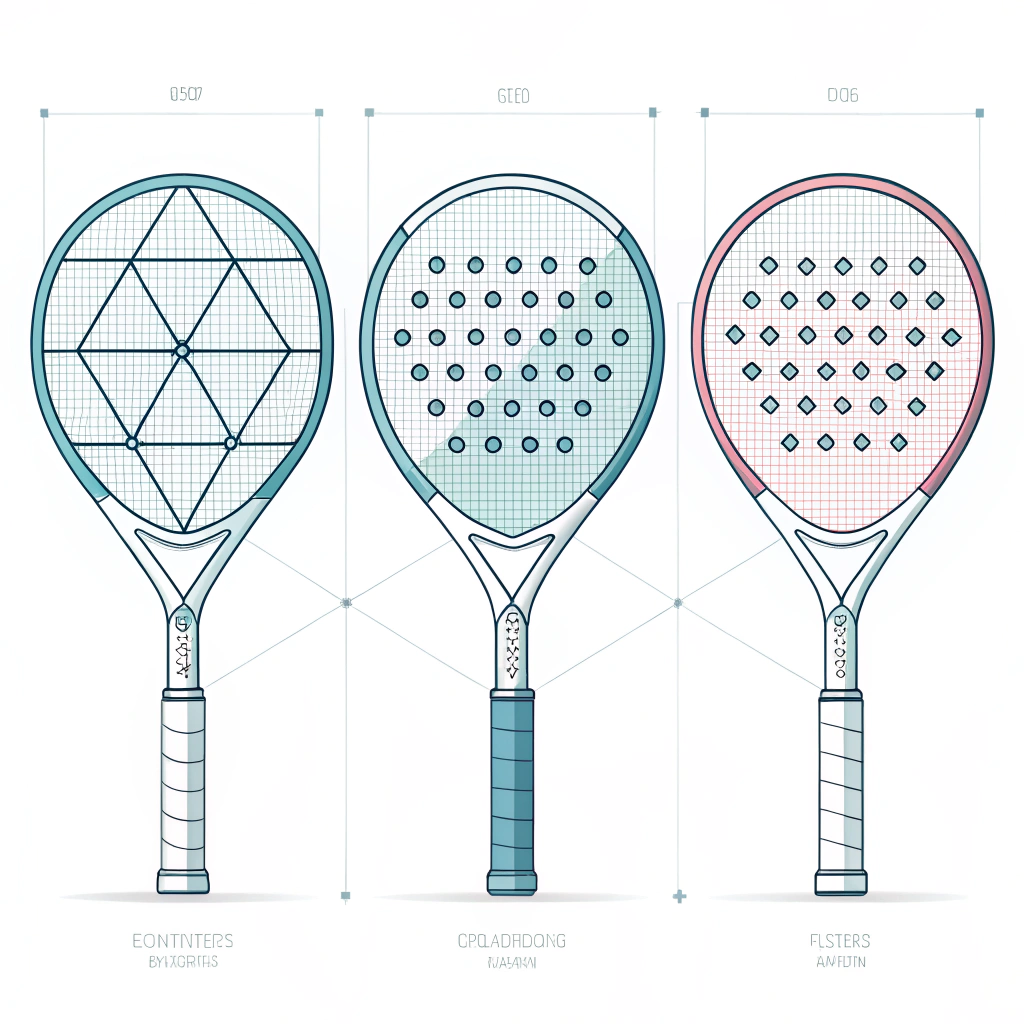 Minimal 2D illustration of three padel racket shapes with technical design details.