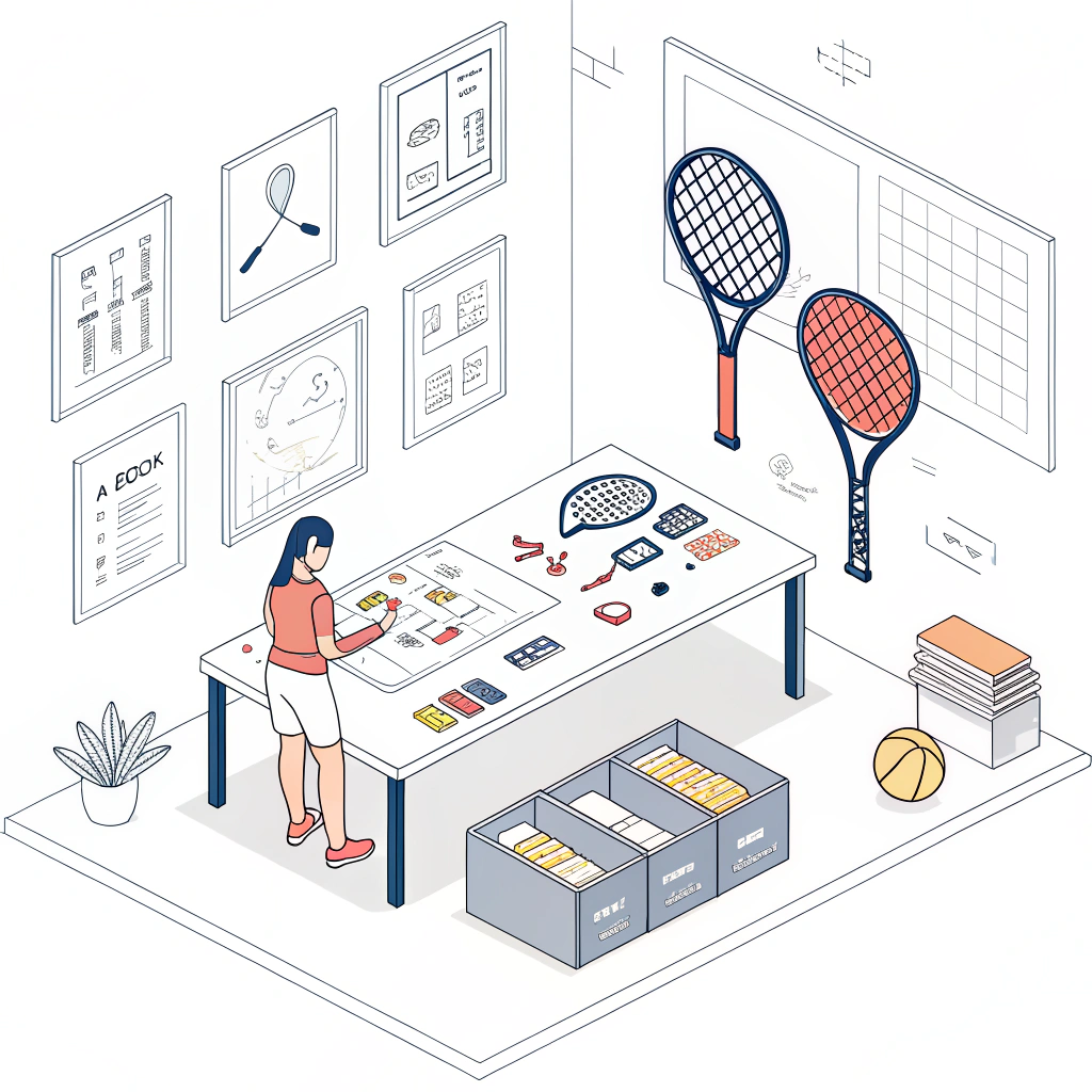 Minimalist illustration of a design lab creatively showcasing padel racket prototypes.