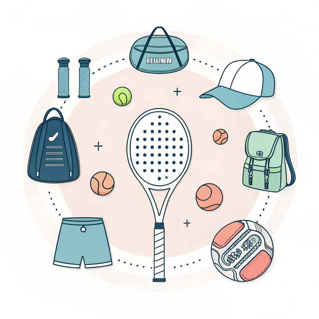 Minimalist flat design showing a complete set of padel accessories surrounding a racket