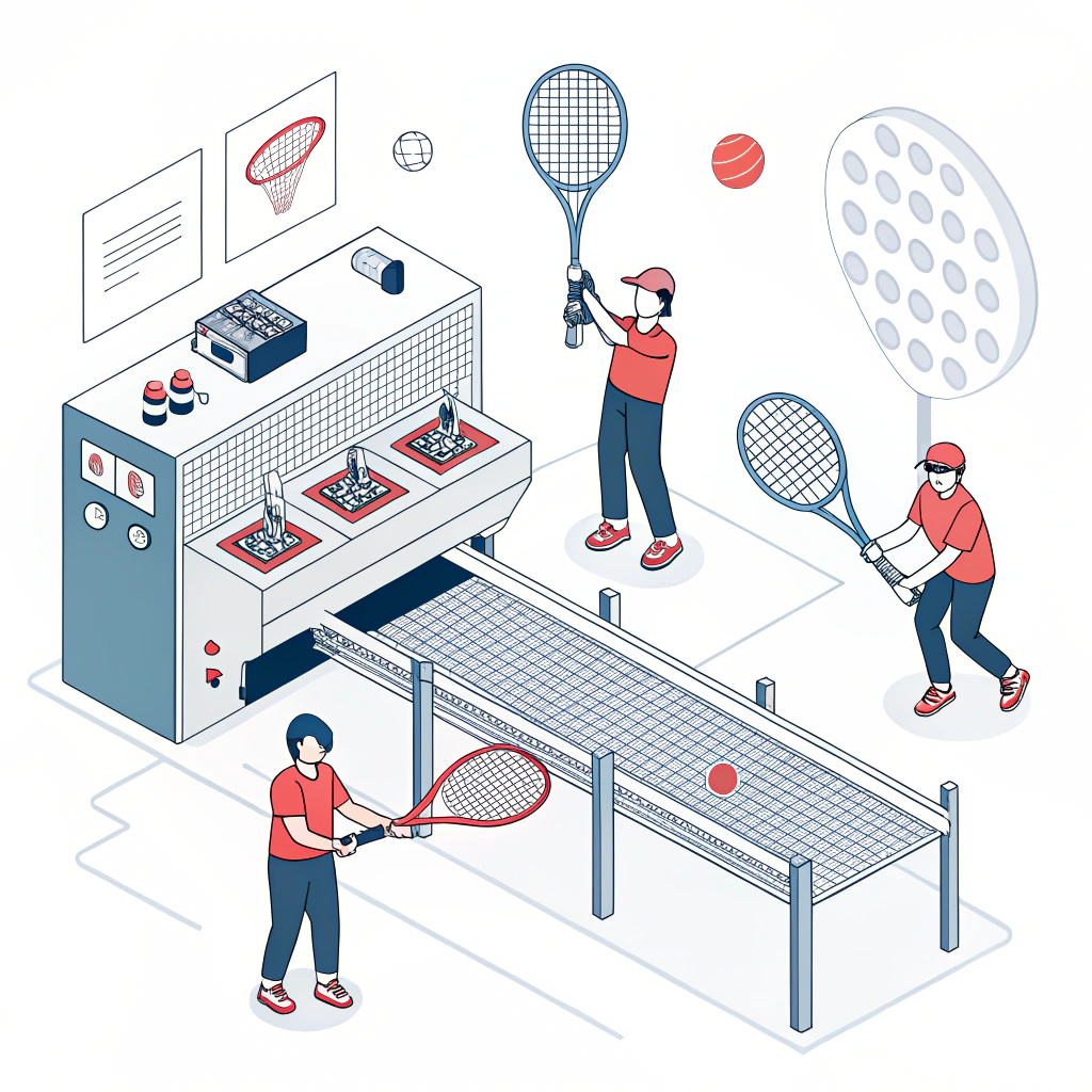 Minimal flat style illustration of padel rackets and production flow in a modern factory setting.
