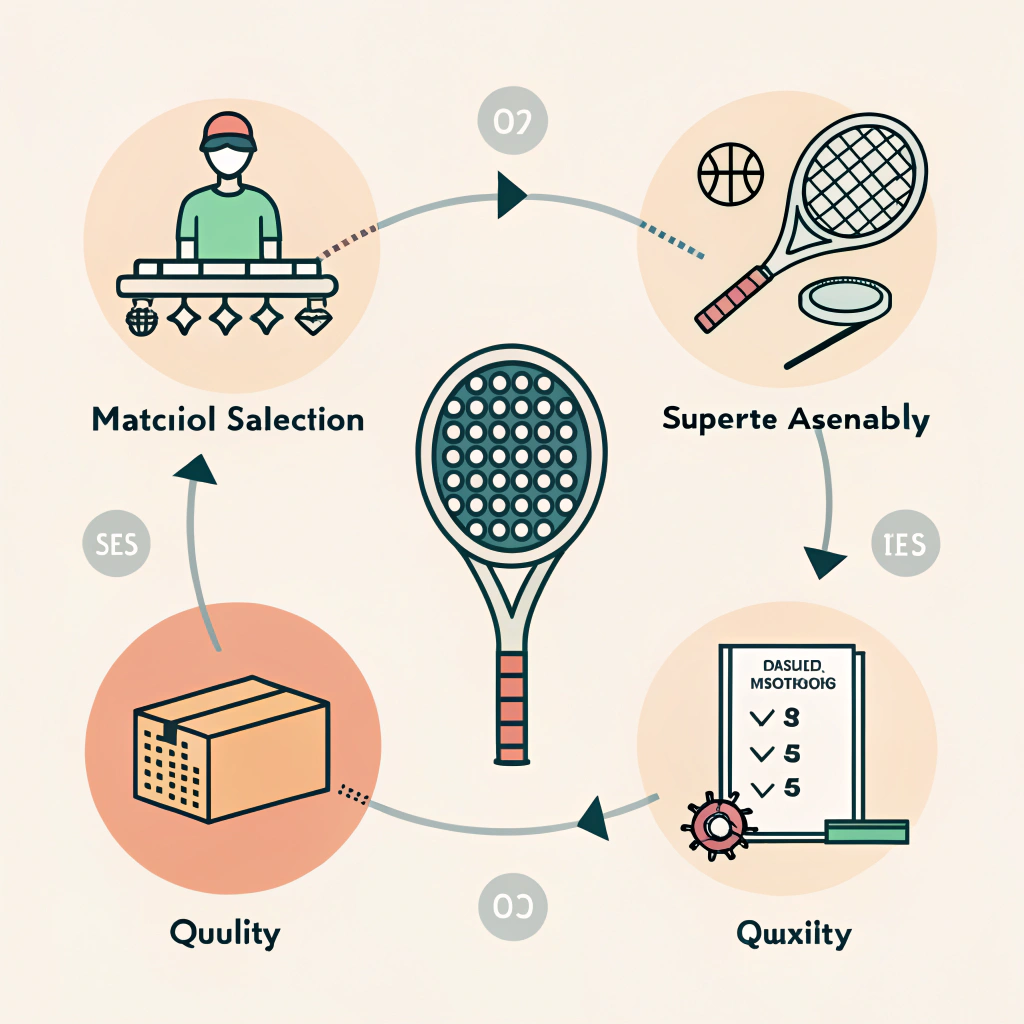 Minimalist vector illustration of the padel racket production process in sequential steps.