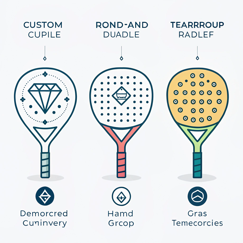 Minimal 2D illustration featuring customized padel paddle designs in various shapes.