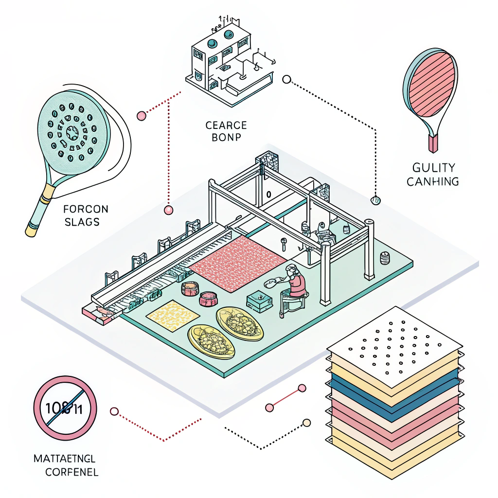 Minimal 2D schematic of the padel paddle production process with quality control elements.