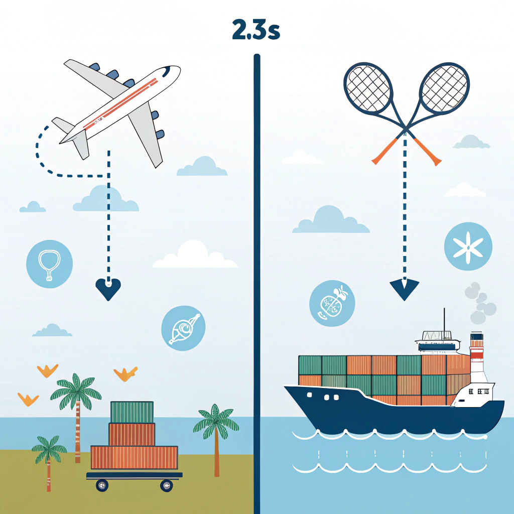 Flat 2D infographic illustration comparing air freight and sea freight for padel rackets using simple icons