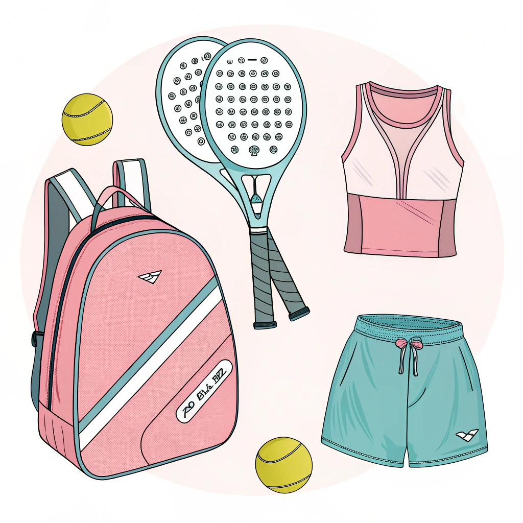 Flat design illustration of padel accessories displayed in a modern, minimalist style