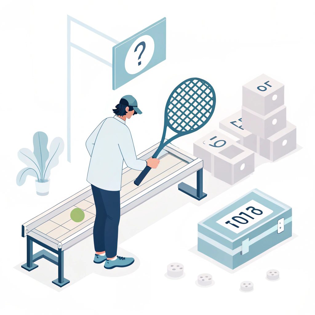 Minimalist illustration of quality assurance inspection in a padel racket production process