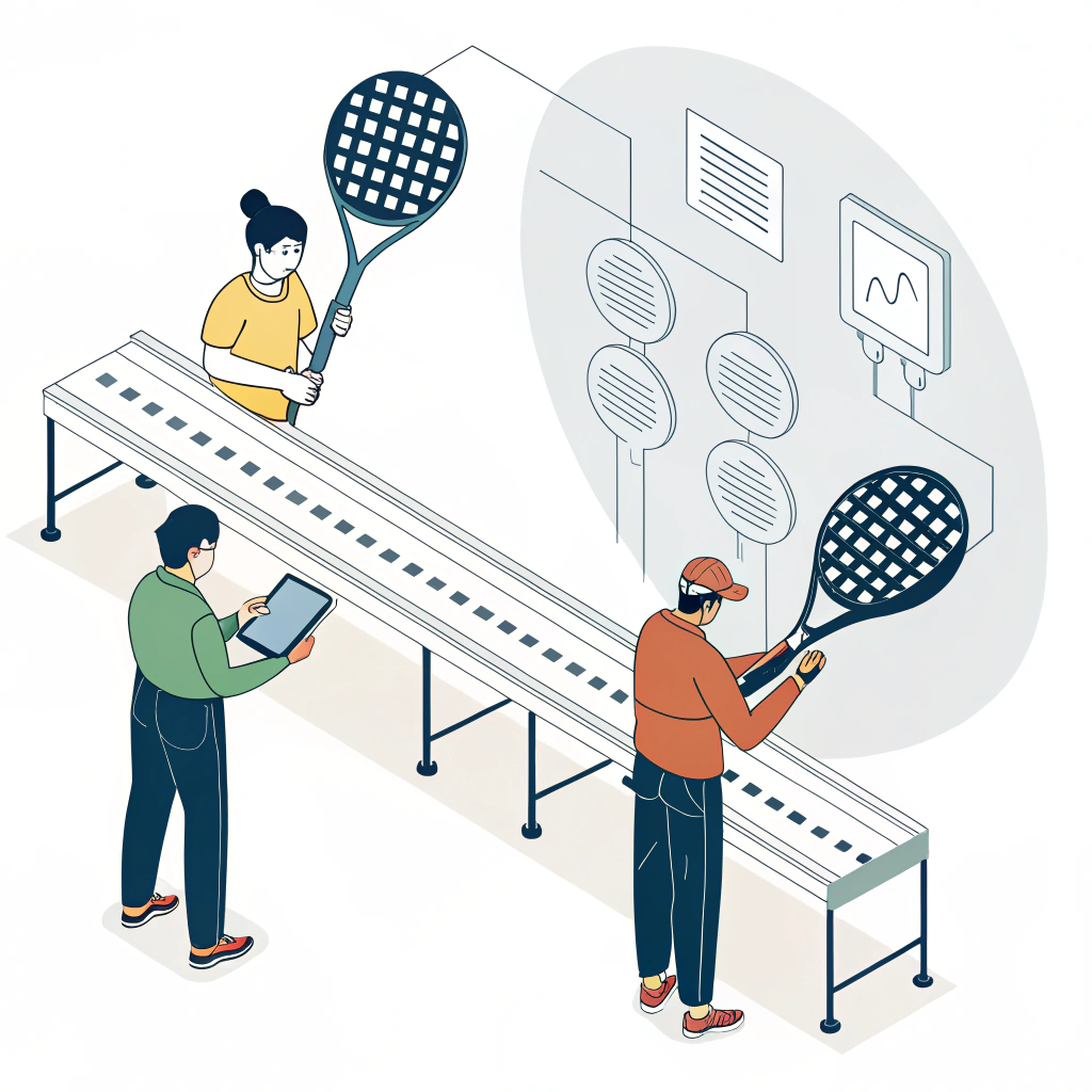Minimalist illustration depicting padel rackets undergoing digital quality control inspection