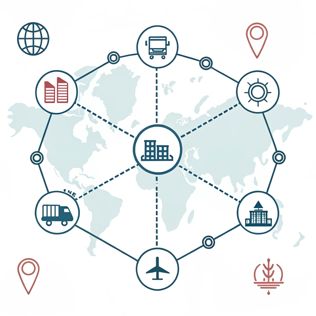 flat illustration of connected nodes representing regional logistics hubs