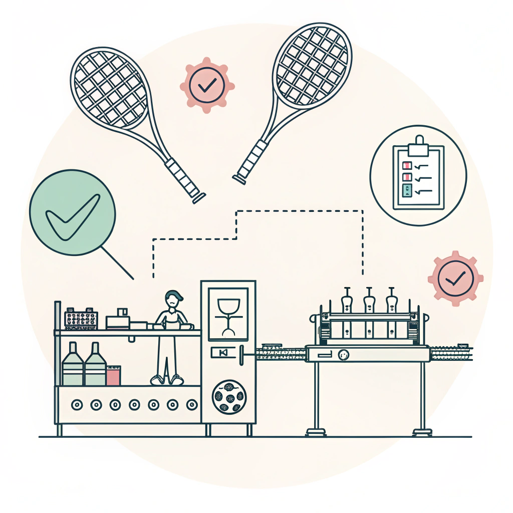 Flat design illustration of padel racket production emphasizing quality control