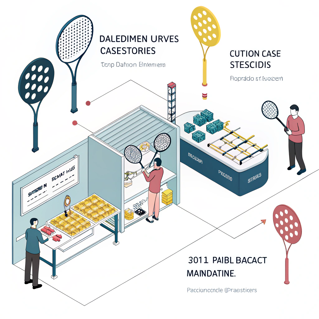 Minimalist 2D illustration of custom padel racket production and data insights